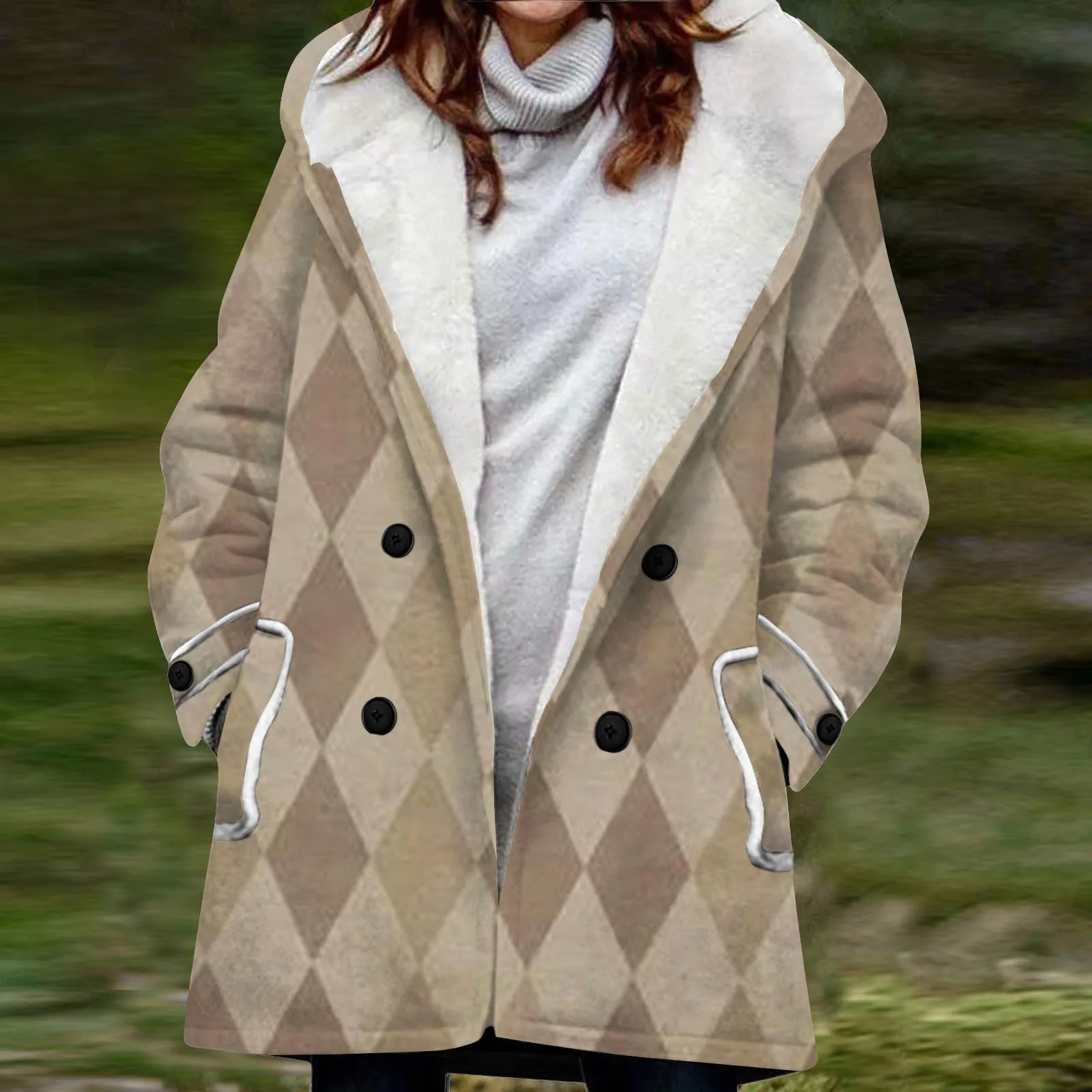 

Khaki Plush Warm Cotton Coat Women'S Winter Thick Cotton Padded For Women Warm Plush Lining Hooded Button Geometric Print Coat