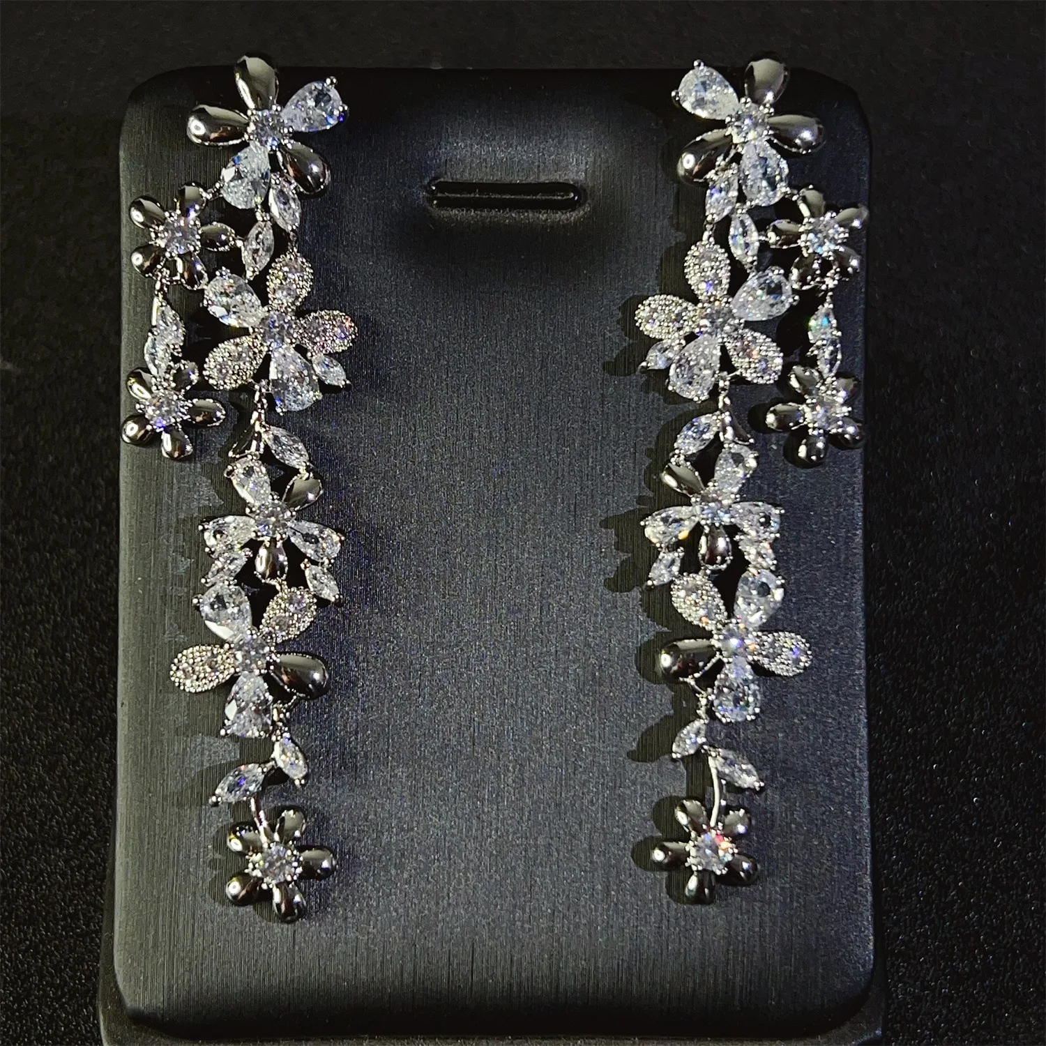 

zirconia white flower earrings for women sparkly jewelry gown dinner party long dangling earrings women wedding bride jewelry