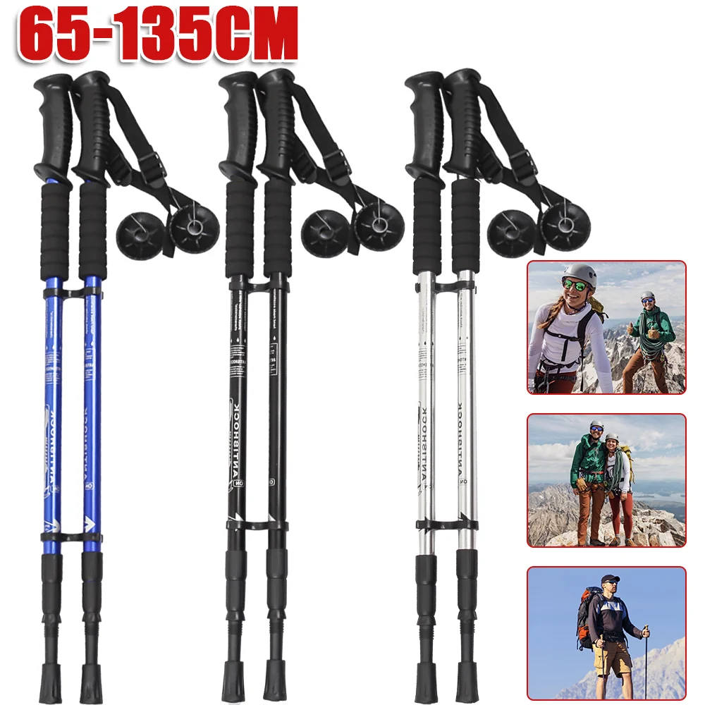Bastones de trekking de alta calidad, bastones de trekking de aleación de aluminio de altura ajustable con mango antideslizante de plástico para senderismo y acampada