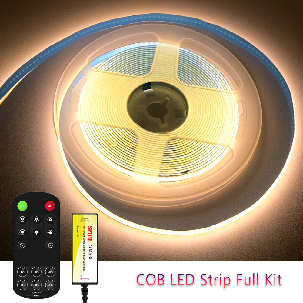 RF Remote Control 12V COB LED Strip 1m 2m 3m 4m 5m Flexible Dimmable Room Counter Bed Decor Lighting 3000K-6500K Warm White Kit