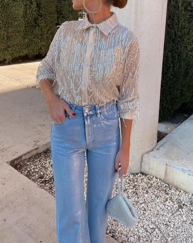 2024 Autumn Winter Spring New Fashion Casual Elegant Blouses Shirt Contrast Sequin Tassel Design Top Female Clothing Outfits