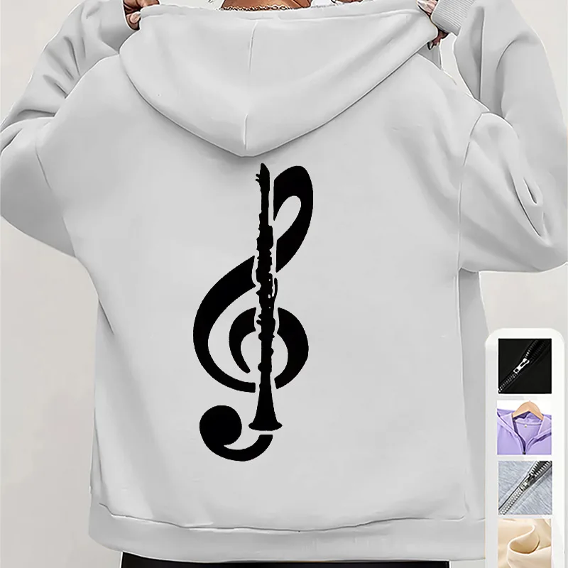 Women Treble Clef Music Note Print Hoodie Back Musical Graphic Long Sleeve Casual Oversized Autumn Pullover Sweatshirt