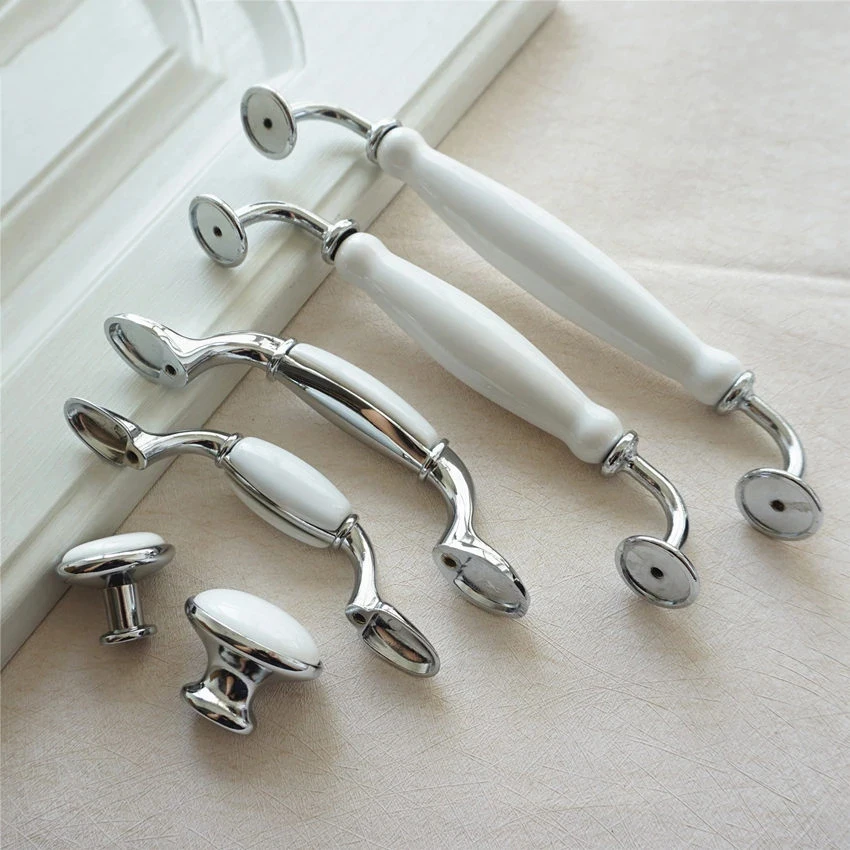 White Ceramic Cabinet Handles Modern Chrome Silver Wardrobe Pulls Round Cupboard Door Knobs Zinc Alloy Furniture Hardware