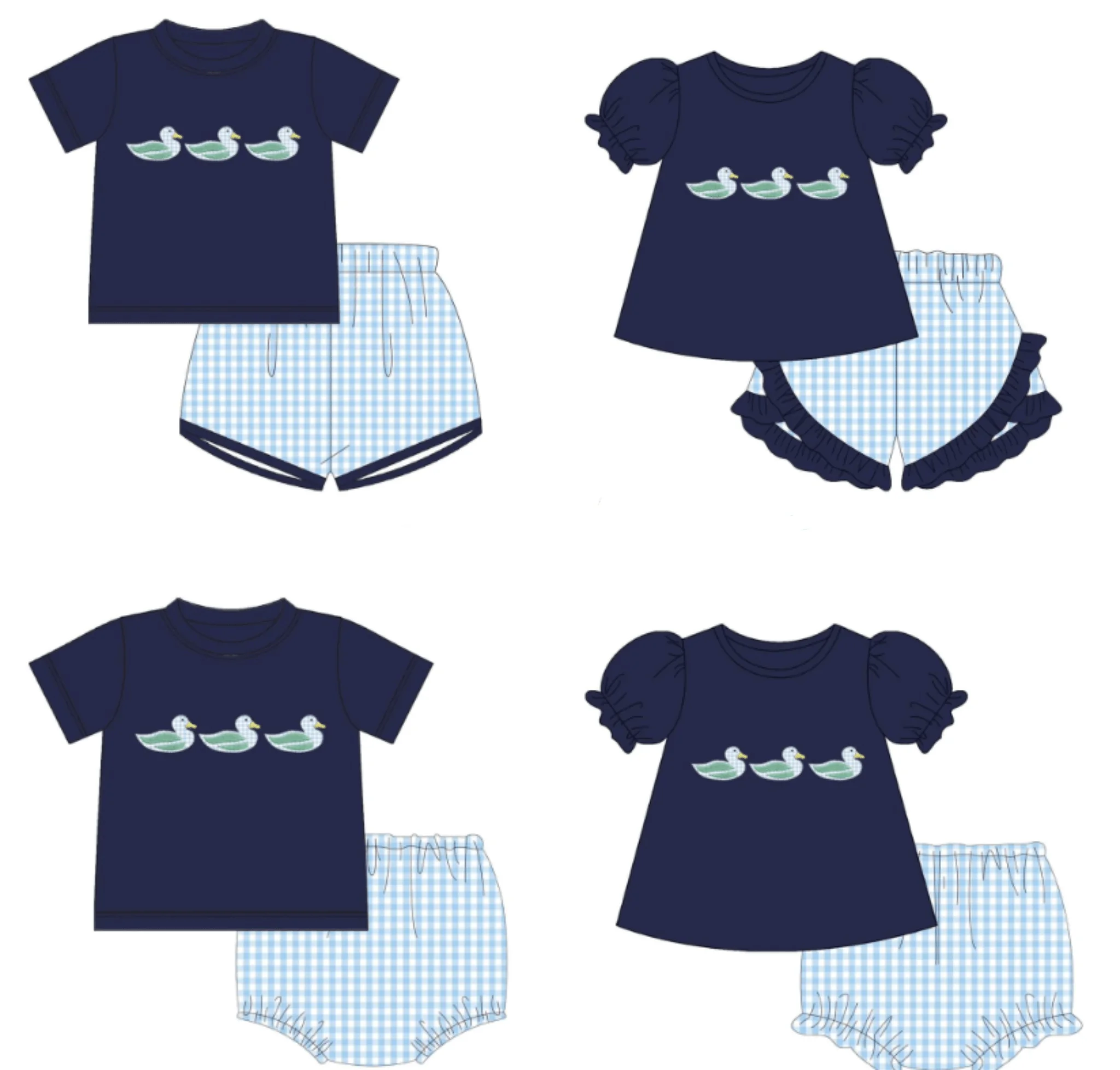 Children's Summer Clothes Cartoon Duck Print Blue Short-Sleeved Top and Plaid Shorts Boutique Boy and Girl Set