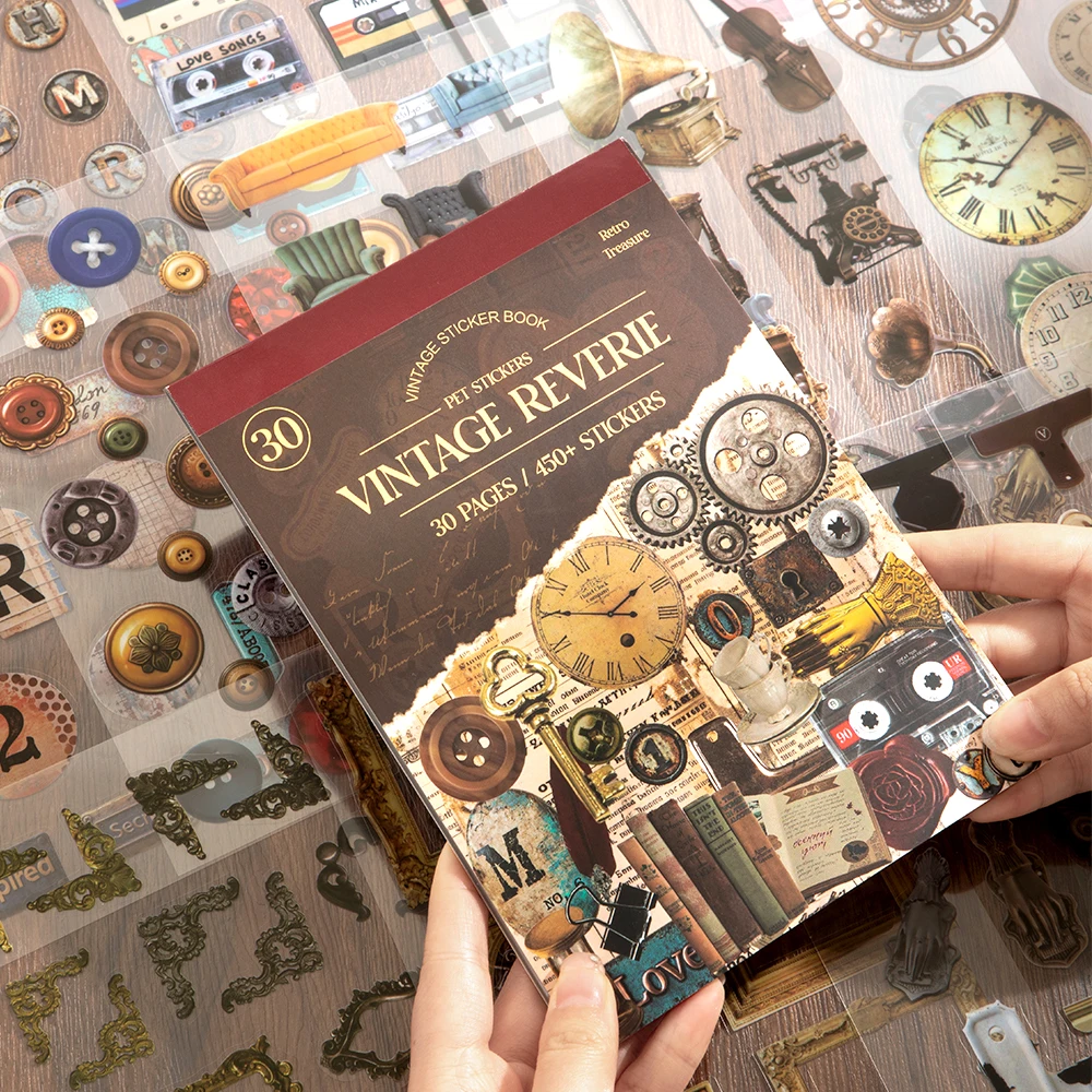

30 Sheets Vintage Industrial Sticker Book 450+ Pcs Durable PET Gear Clock Decals For Bullet Journals Scrapbooking Planner Decor