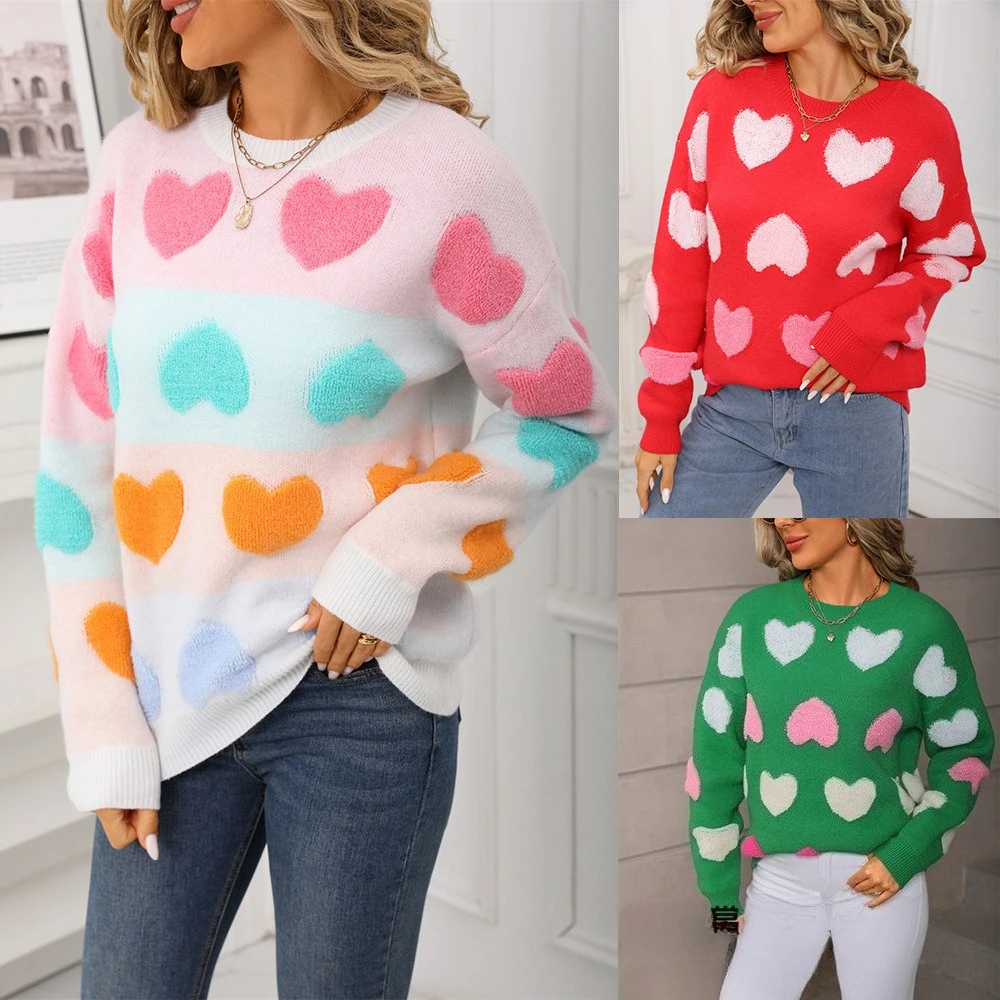 

Свитер ко Дню святого Валентина 2026 для женщин, вязаный топ с узором в виде сердца, круглый вырез, романтический подарок, пуловер