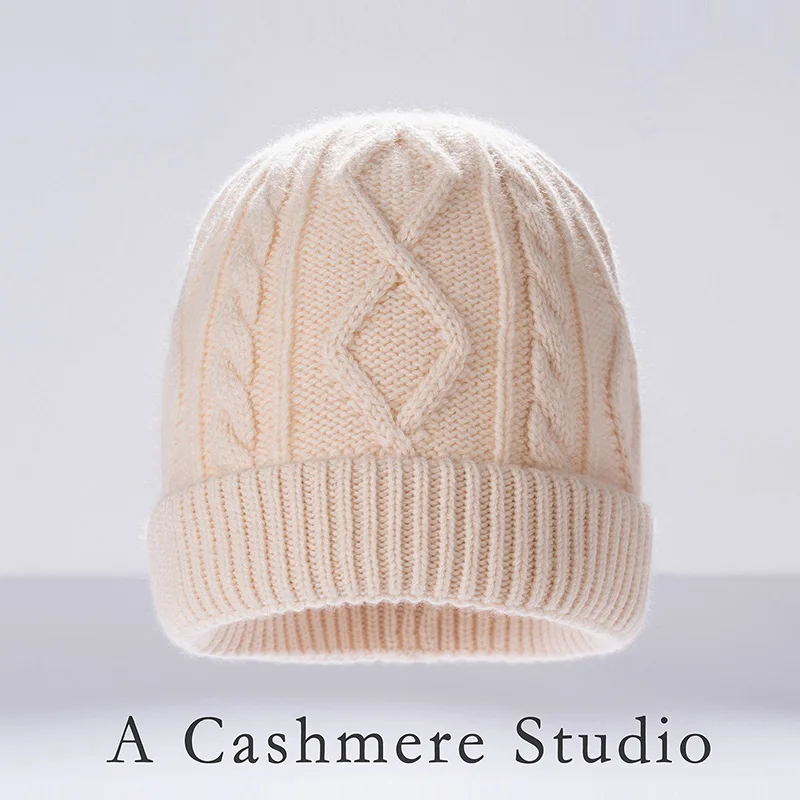 Thickened Unisex Flanging Hat 100% Pure Cashmere Winter Outdoor Warm Jacquard Beads Hat Cashmere Casual Hats For Men and Women