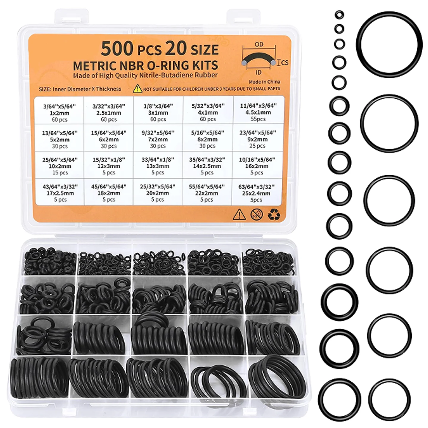 500 Pcs 20 Sizes O Ring Kit,Rubber O-Ring Assortment Kit, Rubber Washers Pressure Washer Gasket Rings Set for Plumbing Various
