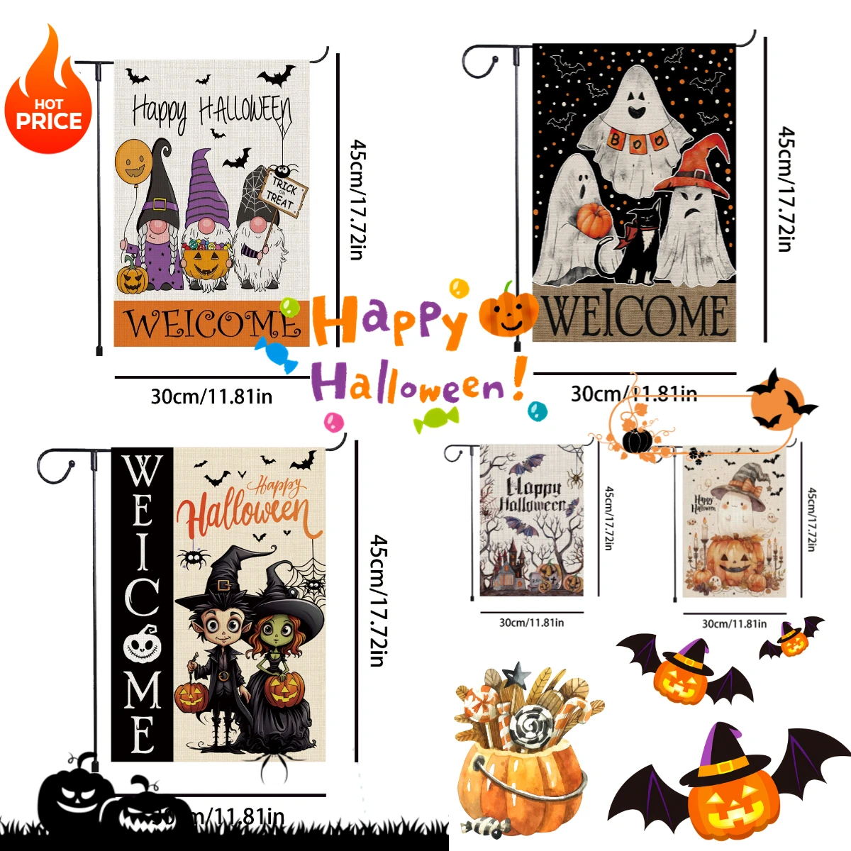 

1PC Halloween Ghost Pumpkin Garden welcome flag courtyard decor Double Sided House Flag Welcome Decorations excluding flagpole