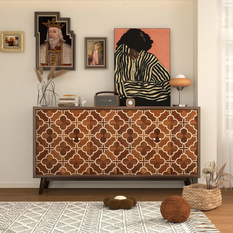 French Retro Entrance Shoe Cabinet Integrated Storage Sideboard with Reeded Design Doors Shoes Rack Living Room Cabinet Storage