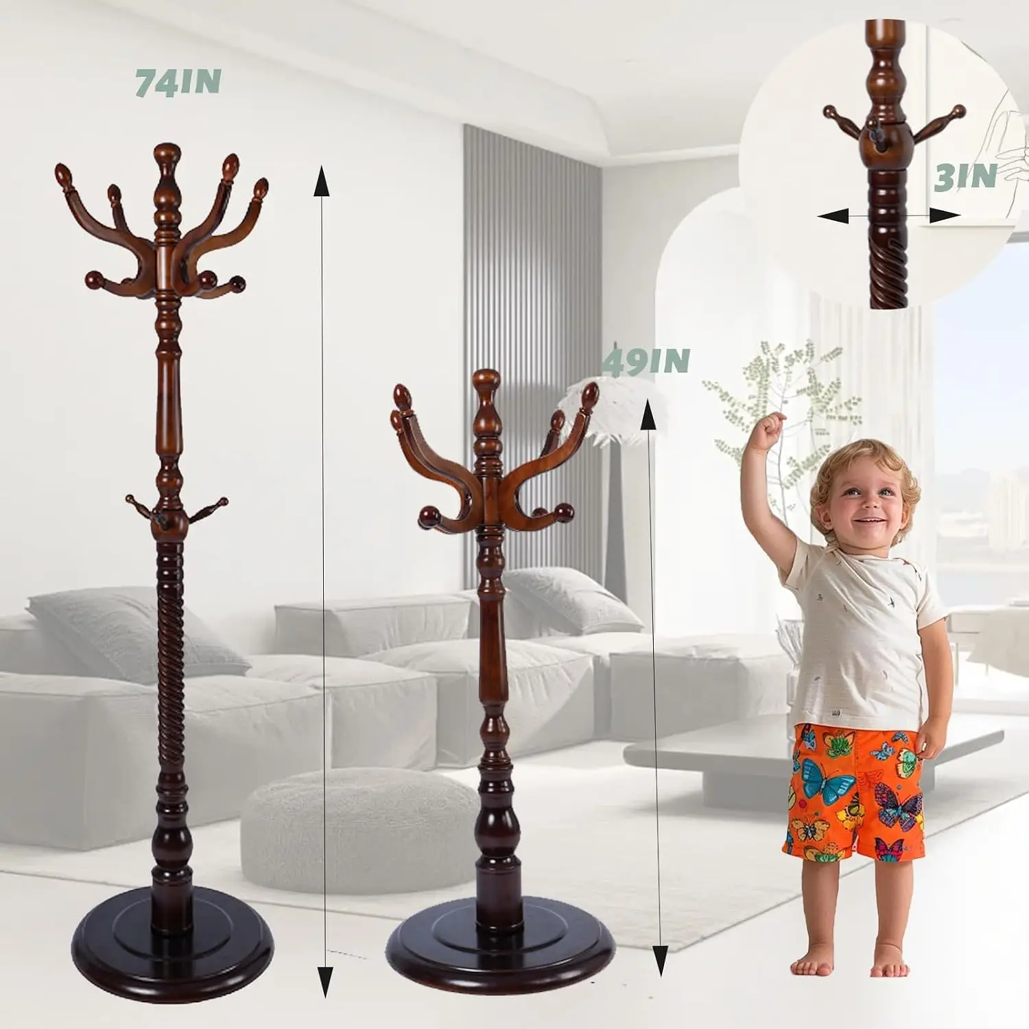 Solid Wood Coat Rack Stand 3 Height 14 Hooks Clothes Jacket Hat Bag Entryway, Customized