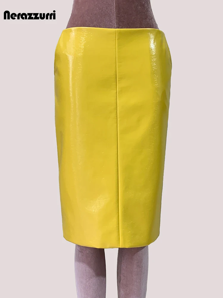 Nerazzurri Spring Summer Shiny Reflective Yellow Pu Leather Pencil Skirt Women Back Slit High Waist Luxury Designer Clothes 2025