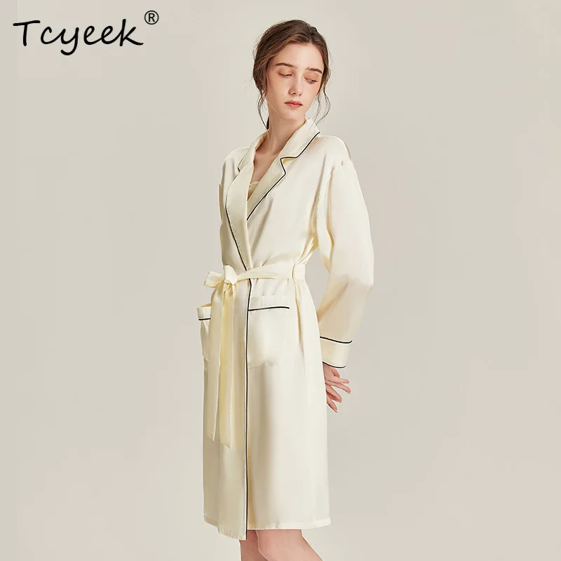 

Tcyeek 6A 19MM 100%Real Silk Satin Night Robe, Women Notched Neck Sash, Elegant Simple Pajama Robe, 2024 Spring Fall P469122QM