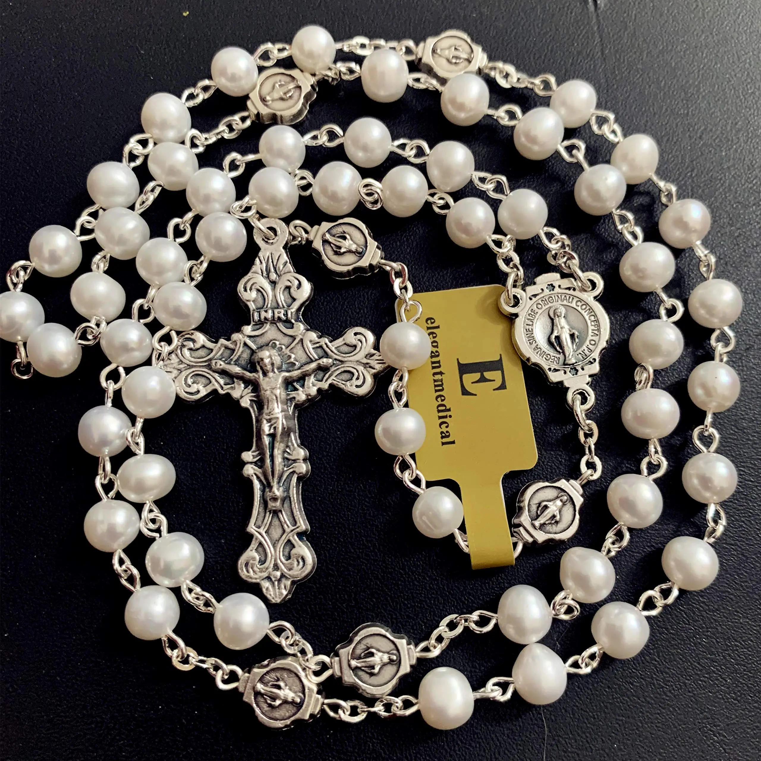 Fashion Religion Christian Faux Pearl Rosary Necklace for Women Virgin Mary Jesus Cross Pendant Long Beads Chains Jewelry