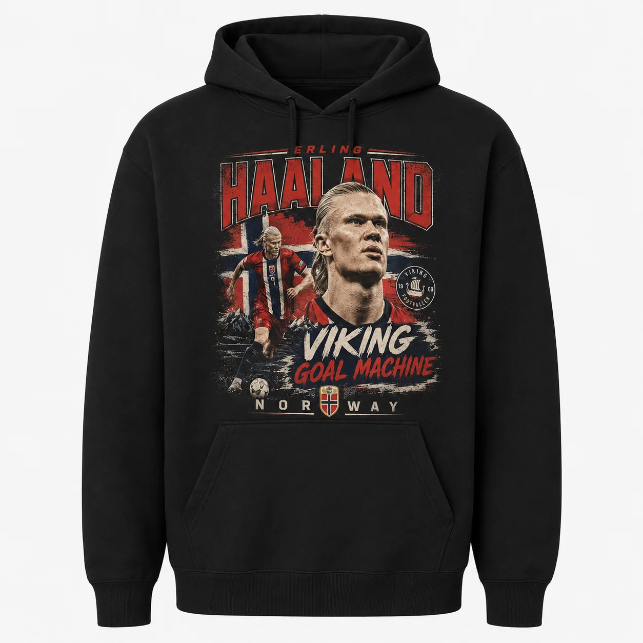 Erling Haaland Norway Retro Portrait Cotton Hoodie, Vintage Washed Viking Goal Machine Unisex Soccer Streetwear Sweatshirt