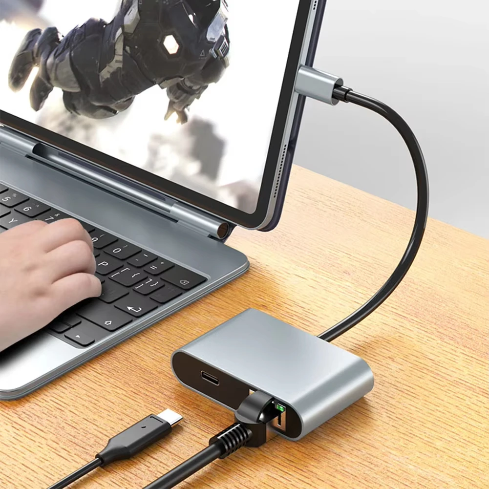Scheda di rete da USB C a Ethernet da 1000 Mbps Adattatore di ricarica da 60 W PD con 2 porte USB Adattatore LAN di rete da tipo C a RJ45 per PC portatile