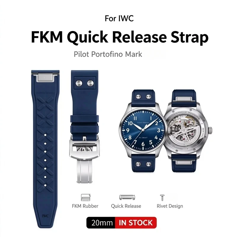 Quick Release FKM Rubber Strap for IWC Pilot Portofino Mark 21mm 43mm Dial Blue Rivet Folding Clasp Men Replacement Watch Band