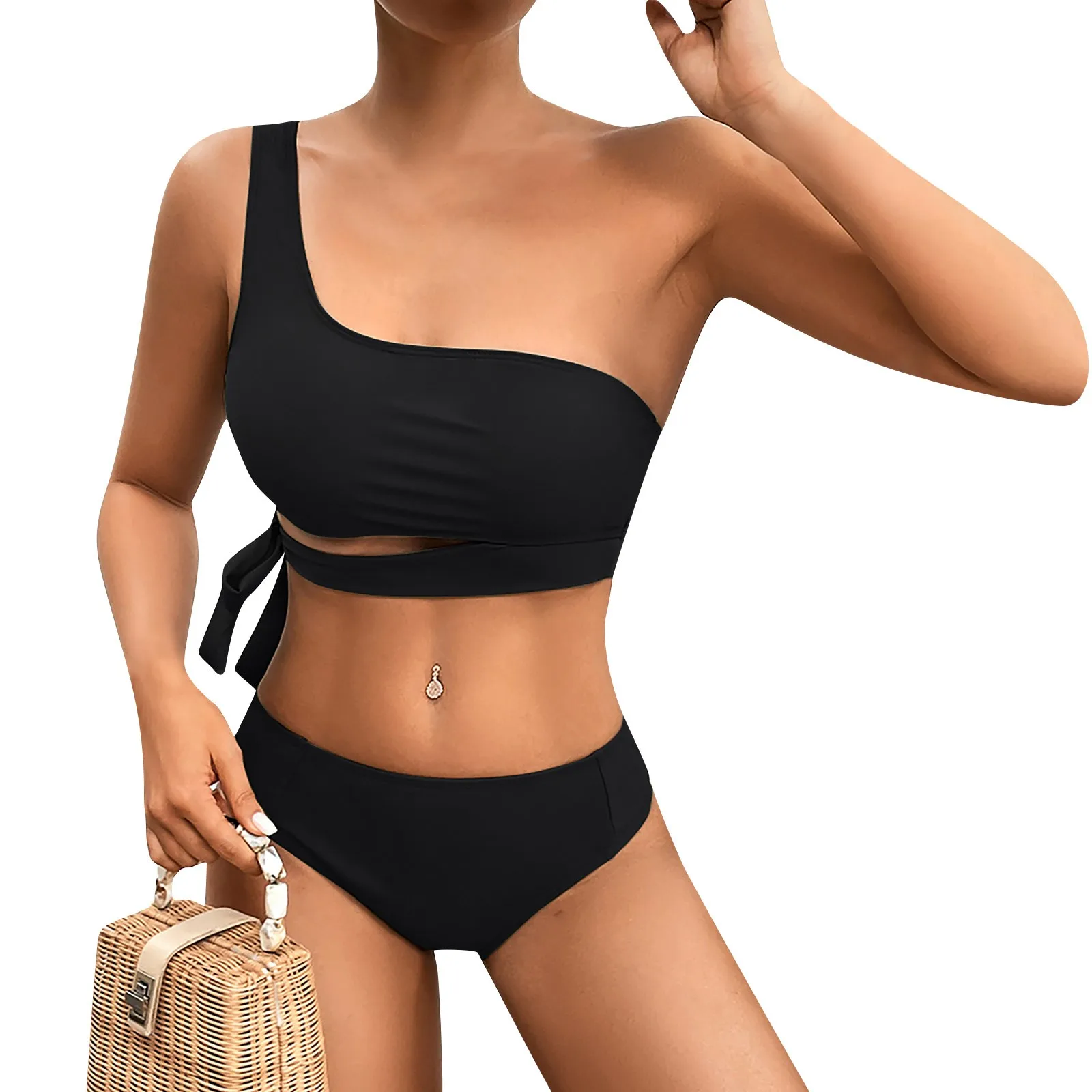 Women'S Bikini Set Fashion Trend One Shoulder Strap Back Lace-Up Tops Mid Waist Swim Brief Two Piece Causal Beach Split Swimsuit