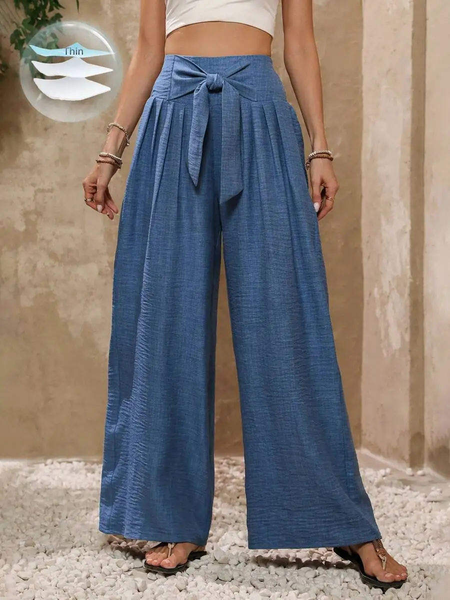 

Женские однотонные брюки с завязками на талии и широкими штанинами, свободного кроя с высокой талией для повседневной осенней носки