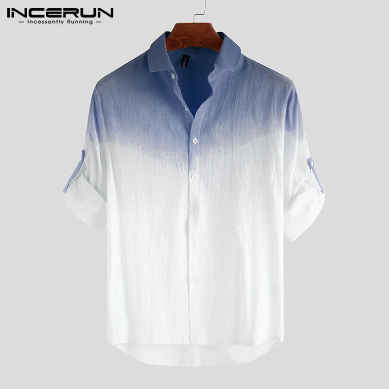 INCERUN Fashion Men\'s Shirt Cotton Long Sleeve Tie Dye Gradient Lapel Streetwear Men Casual Shirts 2024 Camisa Masculina 2024