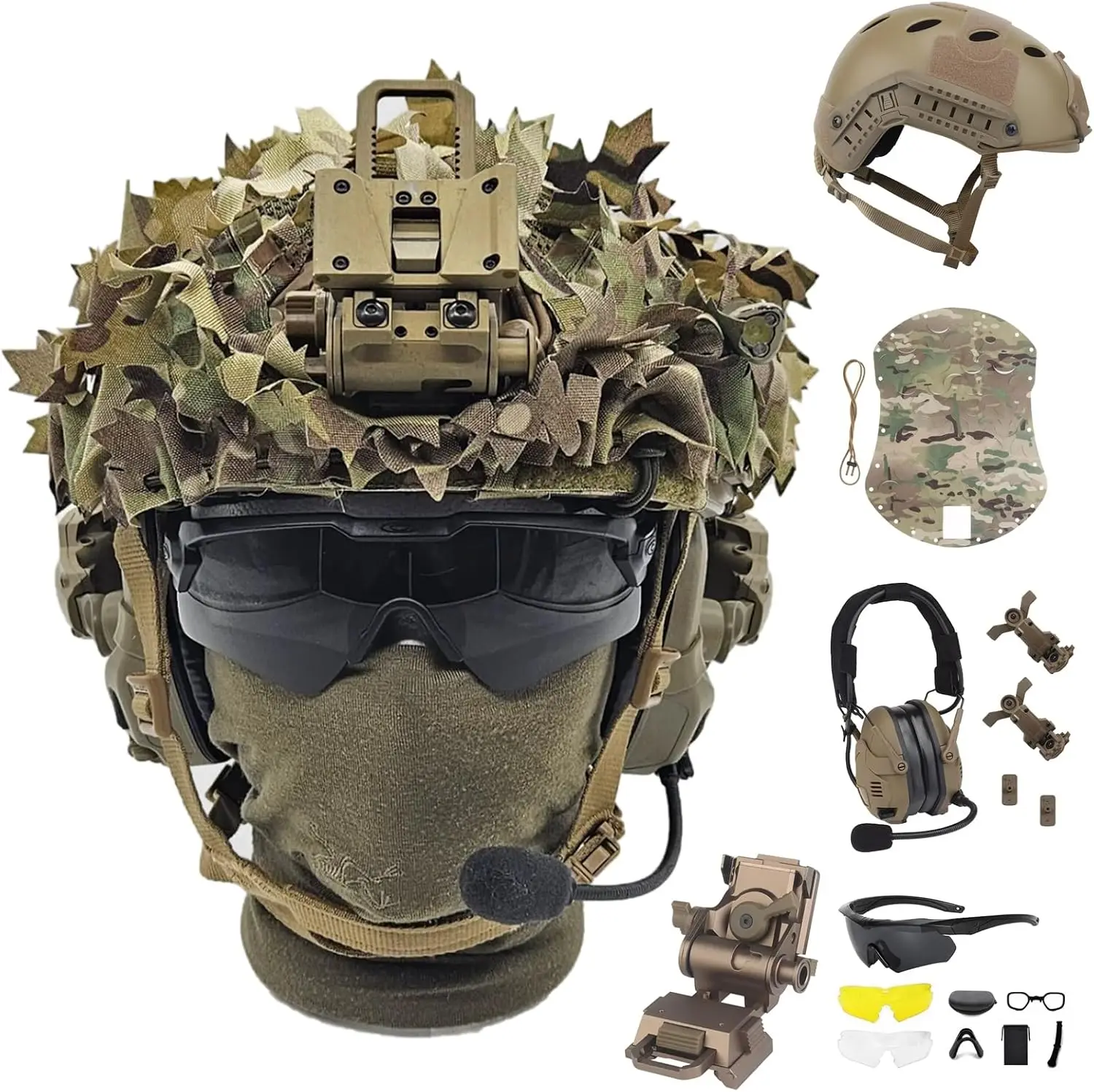 Tactical Helmet Set with Bluetooth Electronic Anti-Noise Headset NVG Mount Helmet Cover Goggles for Outdoor Hunting Airsoft Gear