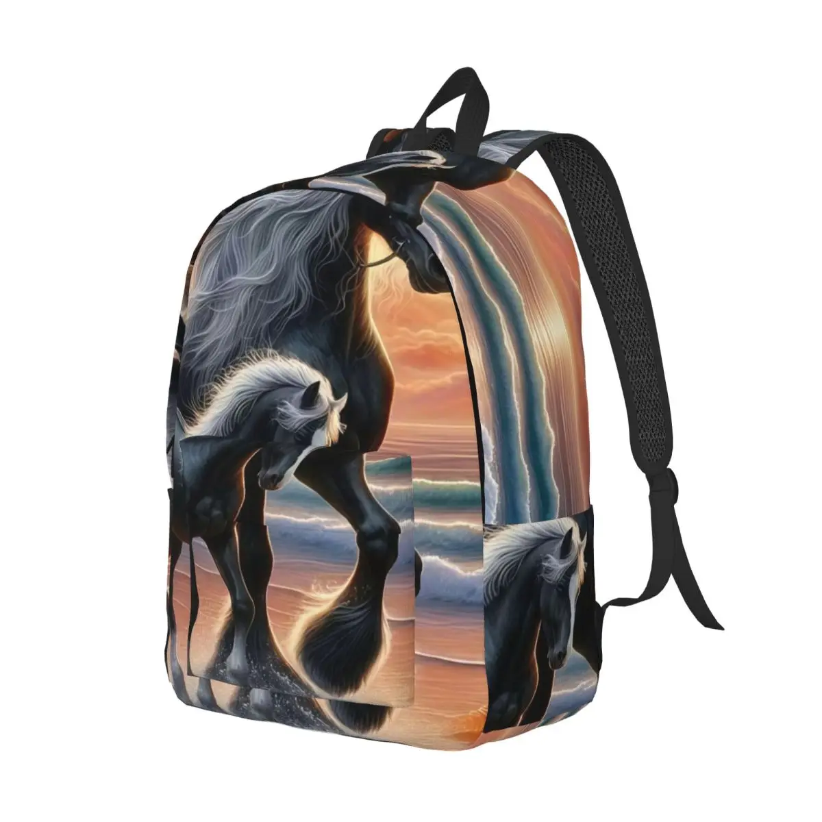 Galaxy Space Print Backpack Fresh Student Backpack Center Black Horse Foal Beach Moon Fantasy Wildlife Black Oran Summer Bookbag