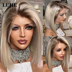 13x3 Lace Front Short Bob Straight Synthetic Hair Wig Ombre Dark Roots Brown Ash Blonde Lace Frontal Wigs For Women Daily Use