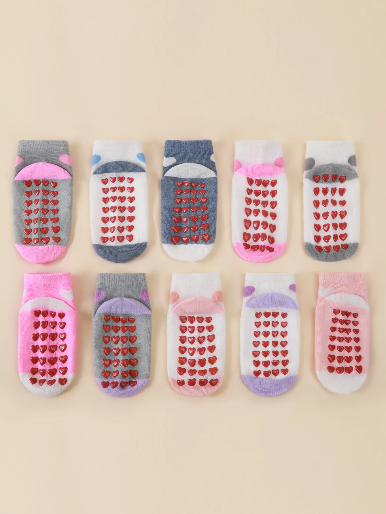 10 pairs of children's anti slip socks with heart-shaped pattern design, soft and comfortable, suitable for newborns and toddler