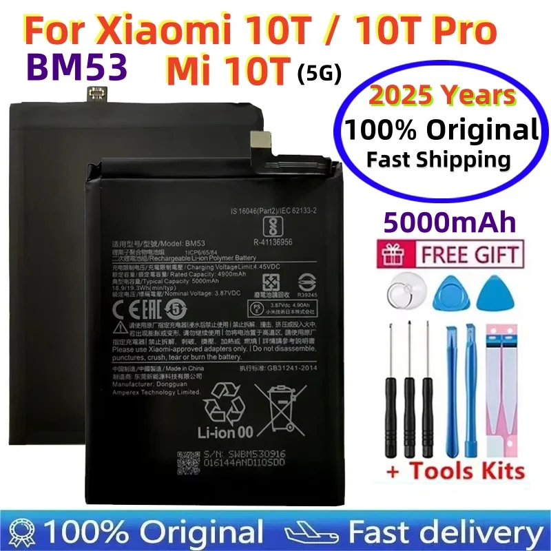 

2025 Years 100% Origina Replacement Battery BM53 For Xiaomi 10T 10T Pro Mi 10T 5G 5000mAh Batteries Bateria+Fast Shipping