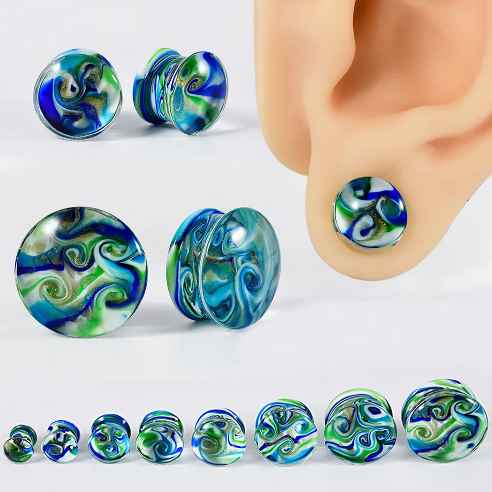 1 Pair Mix White Blue Green Line Solid Glass Double Flared Ear Tunnel&Plugs Round Rainbow Color Ear Expansion Gauge Stretcher