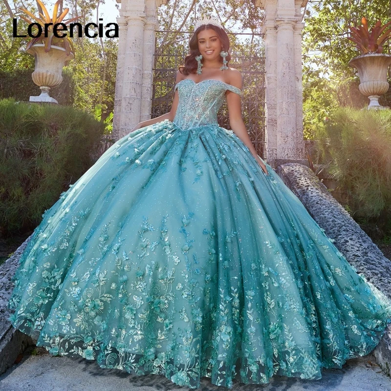 Lorencia Blue Quinceanera Dress Ball Gown Off spalla 3D Flowers Applique Beaded Tiered Sweet 16 15 Vestidos De 15 asenos YQD693