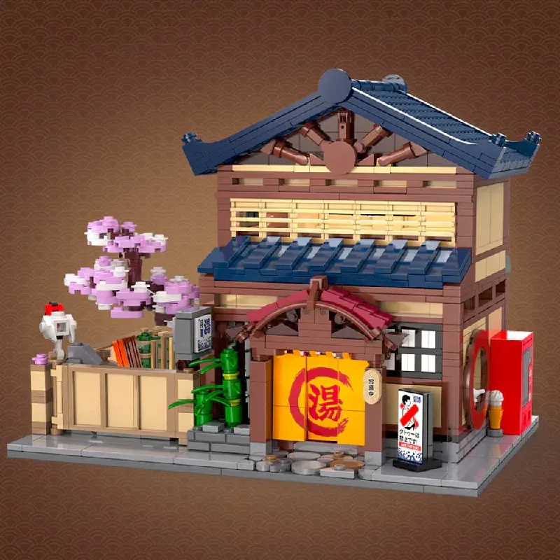 1249PCS MOC Kreative Traditionelle Japanische Yuzawa Badehaus Haus Gebäude Blöcke Stadt Street View Modulare Gebäude Modell Spielzeug
