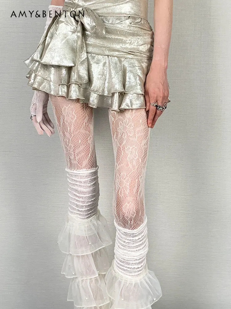 Sweet Cool White Lace Print Y2K Fishnet Socks Multi-layer Leg Cover Two-piece Set High Street Subculture Punk Style Sexy Socks