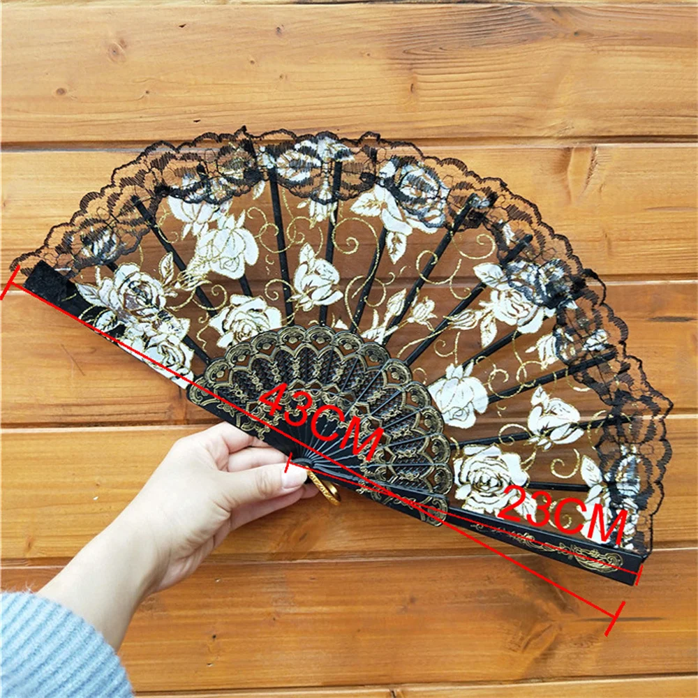 Chinese Style Folding Dance Fans Wedding Party Lace Silk Hand Held Flower Fan Vintage Lace Hand Held Fan Women Girl Photo Prop