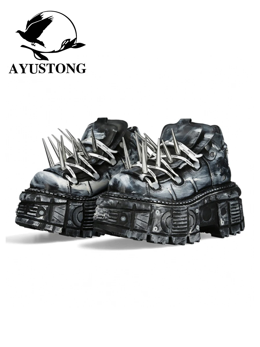 

Модные ботинки AYUSTONG 2024: осенне-зимние, с металлическими шипами, на танкетке, повседневные, в стиле панк, с круглым носком, на высоком каблуке, резиновая подошва.