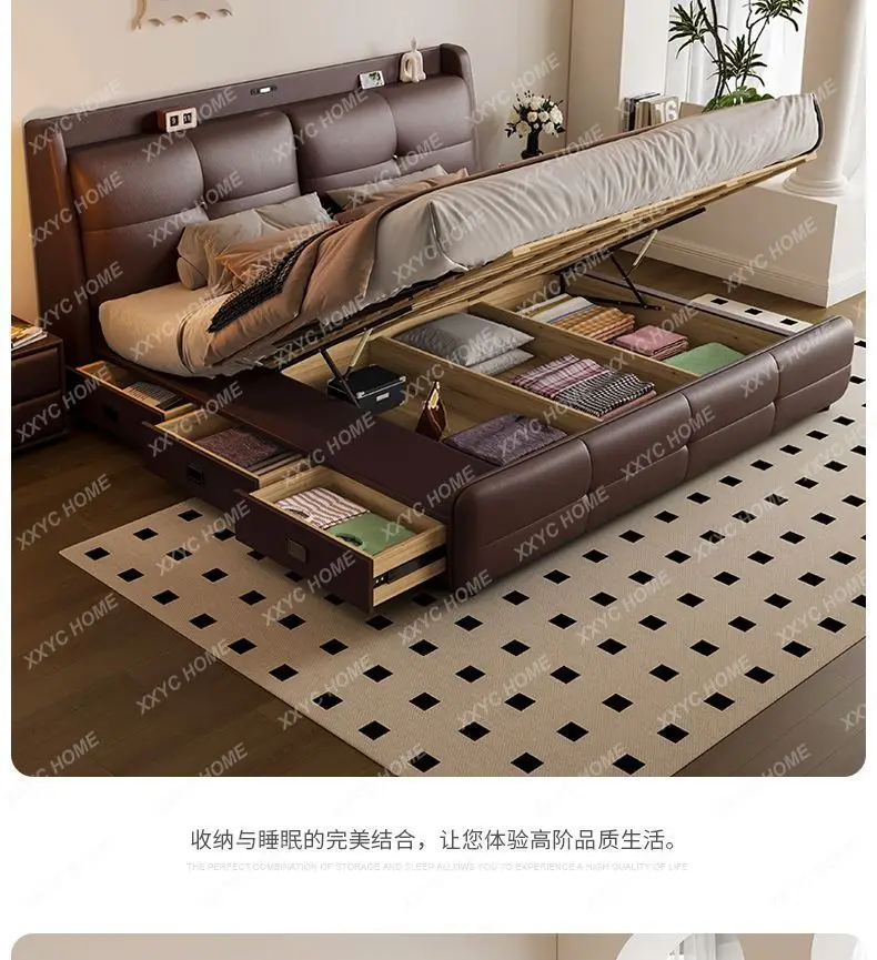 Hot sales 200x220cm Leather Double Bed King Size Frame Queen Twin Bed Luxury Multifunctional Wedding Bed Wood Drawer Bedroom Fur