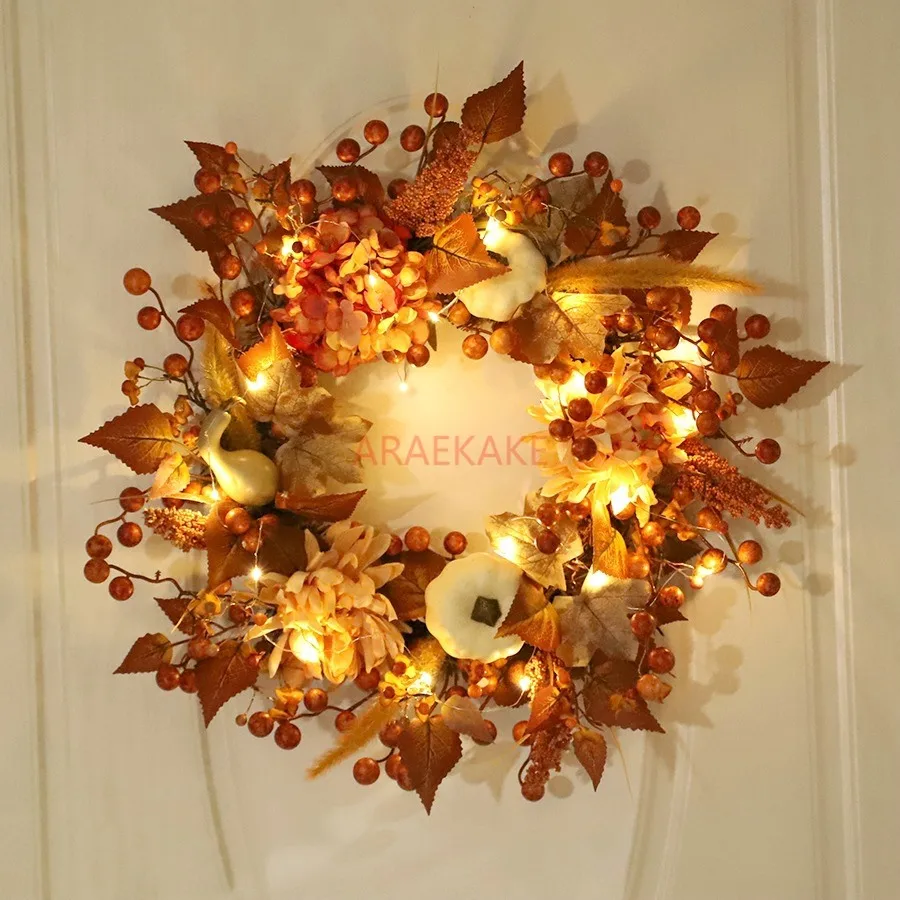 Thanksgiving Autumn Decoration Embroidered Ball Flower White Pumpkin Wreath Simulation Door Pendant