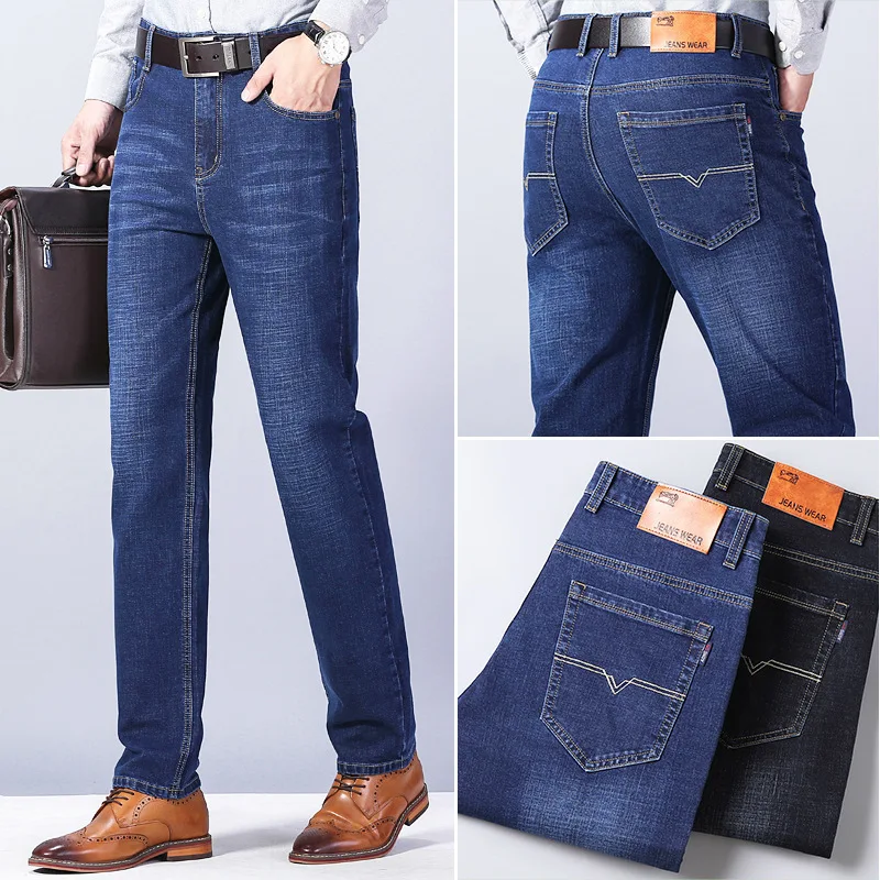 

New Mens Classic Jeans Casual Stretch Baggy Pants Male Brand Denim Trousers Black Blue Fashion pantalones hombre