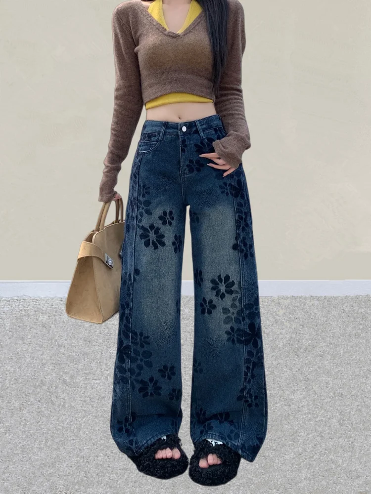 2025 American Retro Y2K Streetwear Fiori Ricamo Baggy Pantaloni jeans da donna Abbigliamento donna Pantaloni in denim gotico a gamba larga