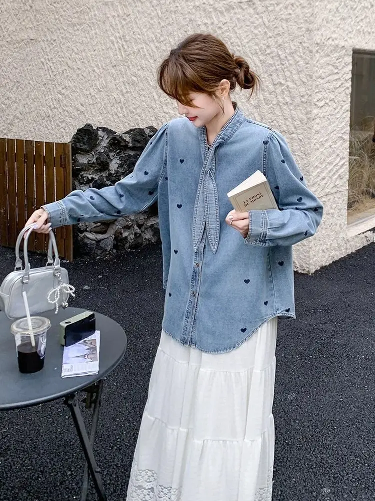 

Women Spring Fall Heart Embroidered Denim Shirt Chic Slimming Elegant Tie Collar Long Sleeve Casual Jeans Blouse Top