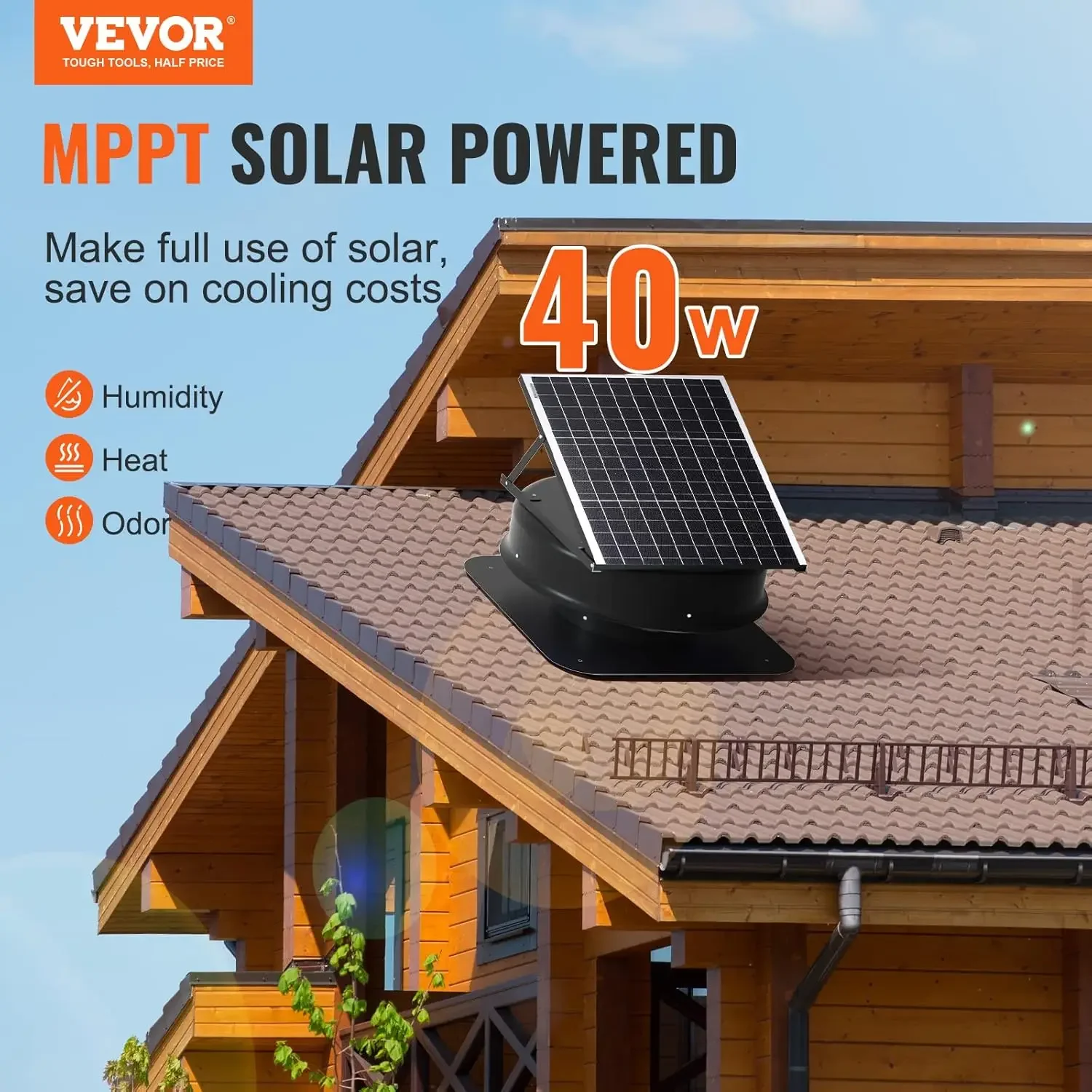 Solar Attic Fan, 40 W, 1230 CFM Large Air Flow Solar Roof Vent Fan, Low Noise and Weatherproof with 110V Smart Adapter