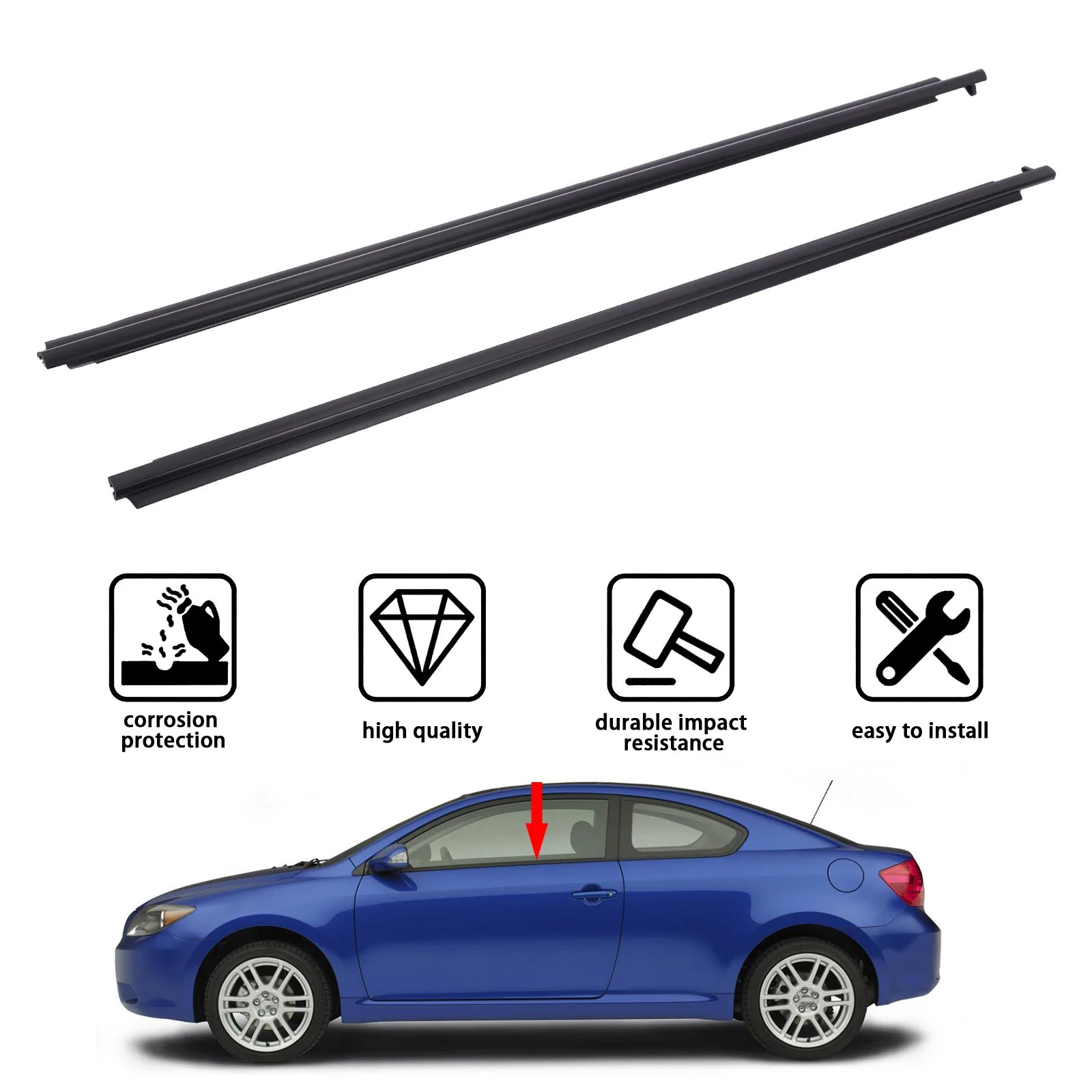 2pcs 75712-21030 Door Window Sweep Belt Molding Weatherstrip Driver & Passenger side Fit For 2005-2010 Toyota Scion Tc