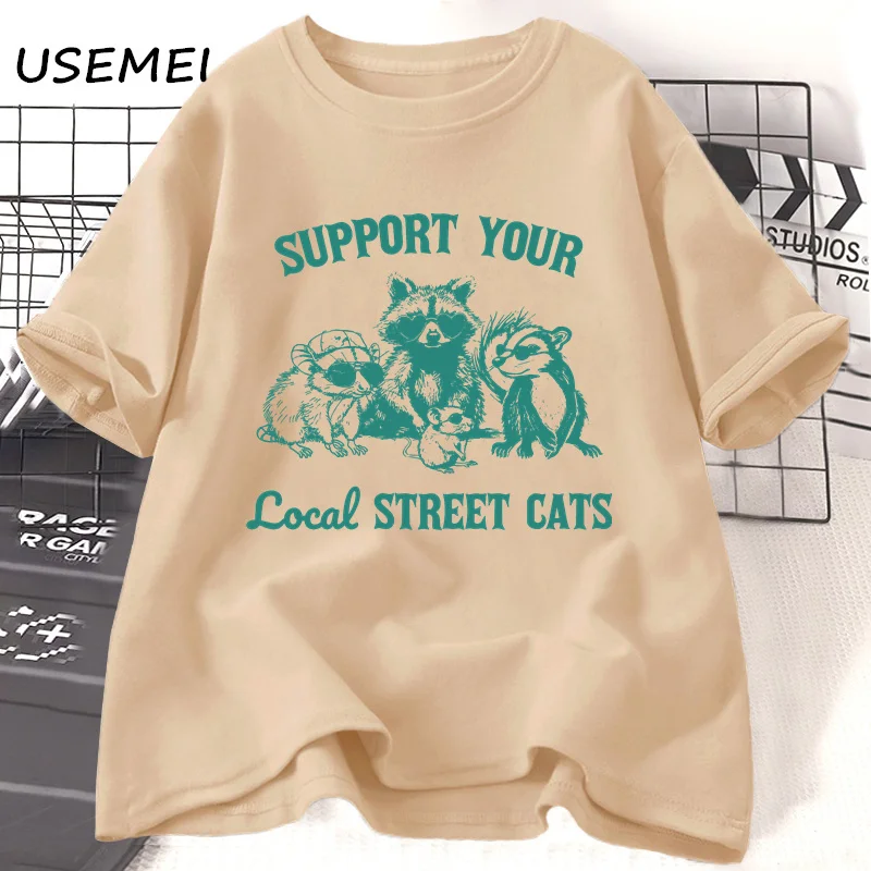 Support Your Local Street Cats T Shirts Cotton Summer Vintage 90s Bear Tshirt Mouse Raccoon Tee Shirt Women's T-shirts Clothing