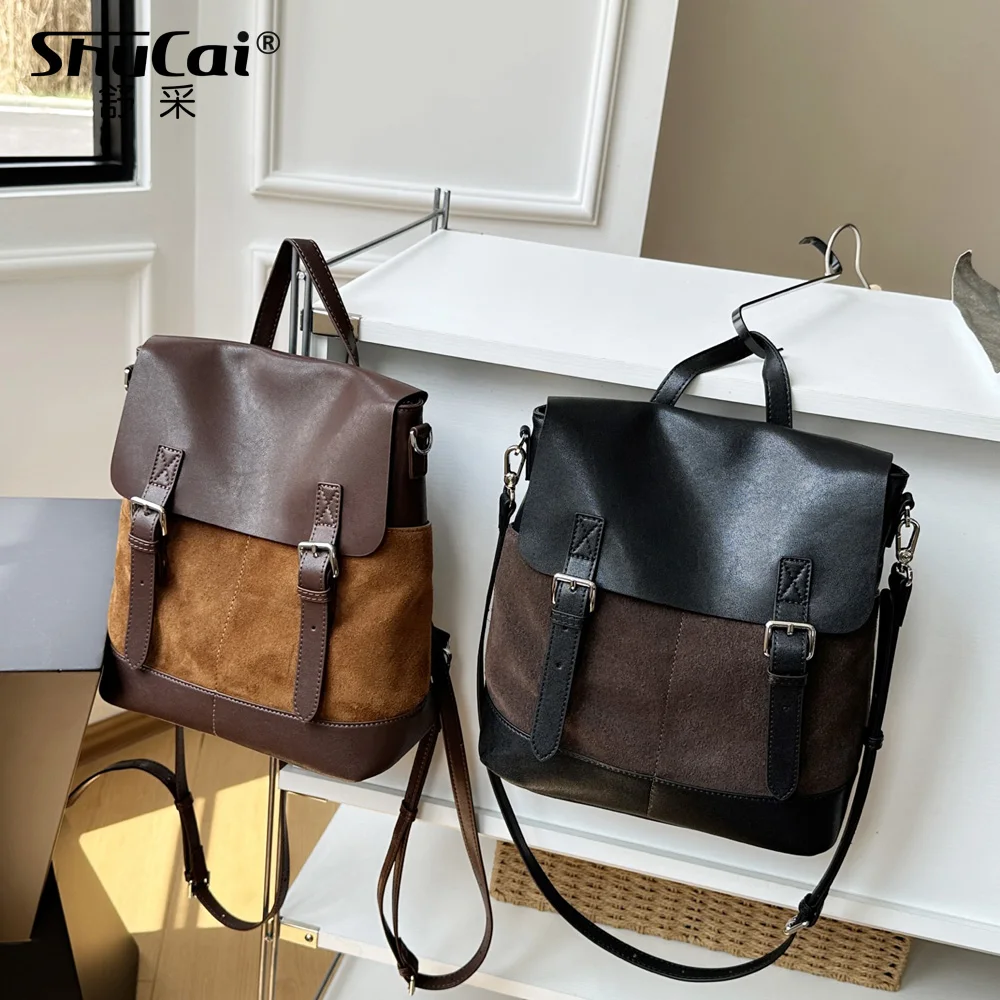 

Genuine Grade Co Leather Women Brown Backpacks Luxury Designer Brand Female Suede Cowhide Coffe Handbag High Quality New Ladies