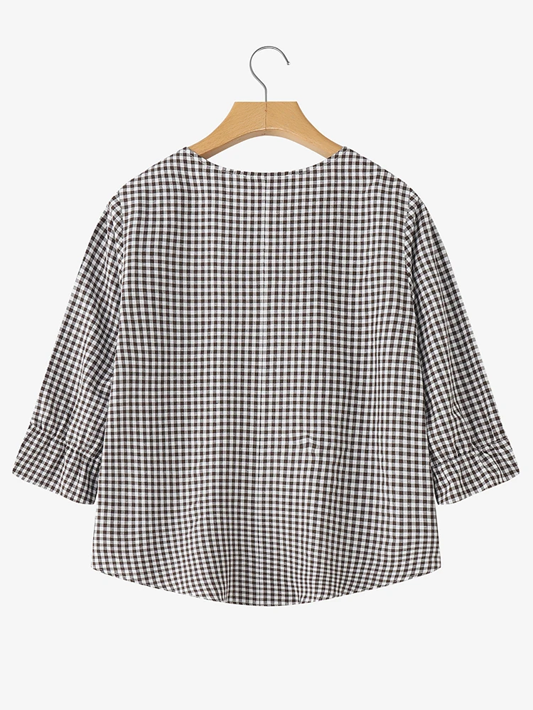 เสื้อแฟชั่นผู้หญิง ZANZEA ลายสก็อตระบายแขน 3/4 เสื้อลำลองสไตล์วินเทจ ปี 2025 ทรงหลวม ลายตาราง เหมาะสำหรับใส่ทำงาน