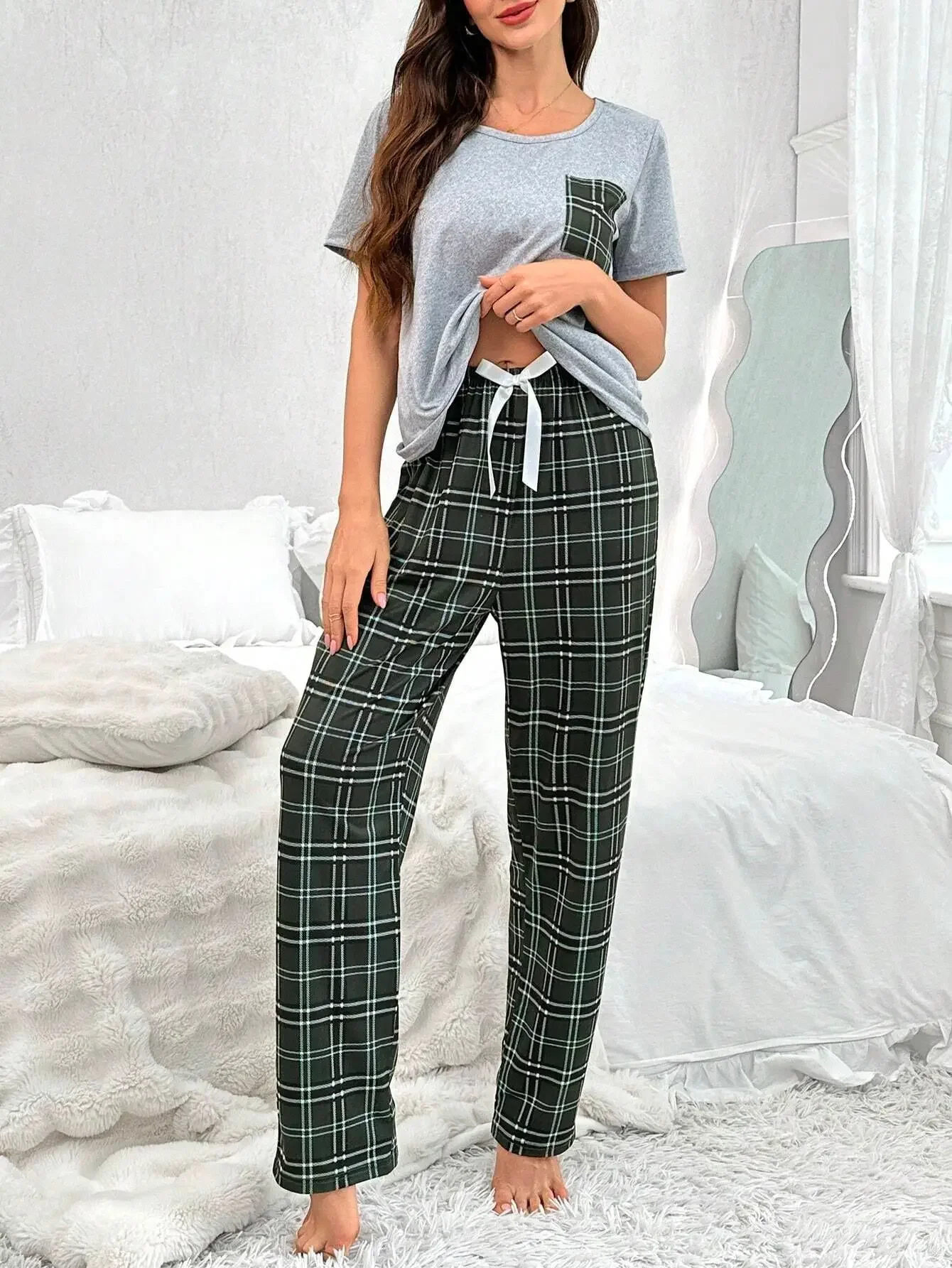 Autumn Winter Sleepwear Pajamas Set for Women's Homewear Bow Short-Sleeved T-shirt and Long Pants Pijamas Loungewear