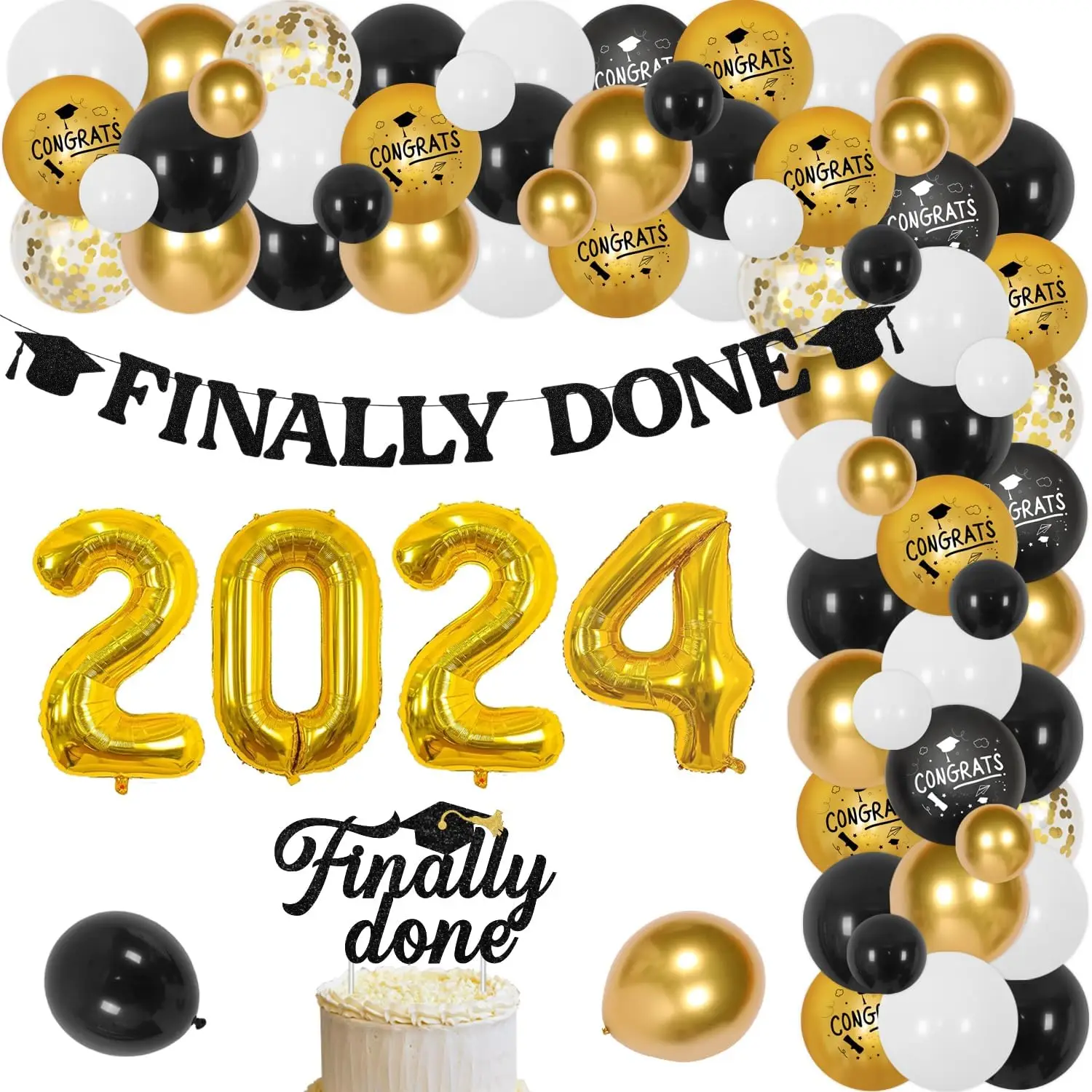 

84Pcs Graduation Decorations Class of 2024, Black Finally Done Banner Cake Black Gold Congrats Grad Balloon Garland Arch Kit