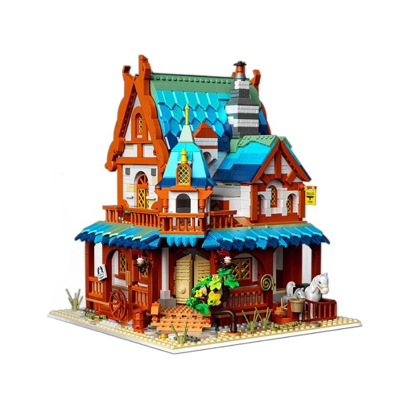 Middeleeuwse bouwstenen voor poststations met lamp Gemonteerde blokhut architectuurstenen set Klassiek houten huismodel 14+ speelgoed