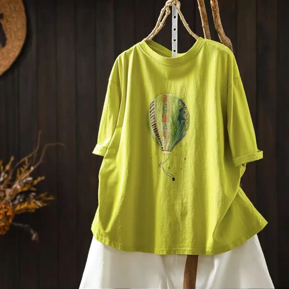 Women Summer New Sweet Mori Girl Cartoon Balloon Print Cotton T-Shirts O-Neck Short Sleeve Casual Loose Pullover Tee Shirt Tops