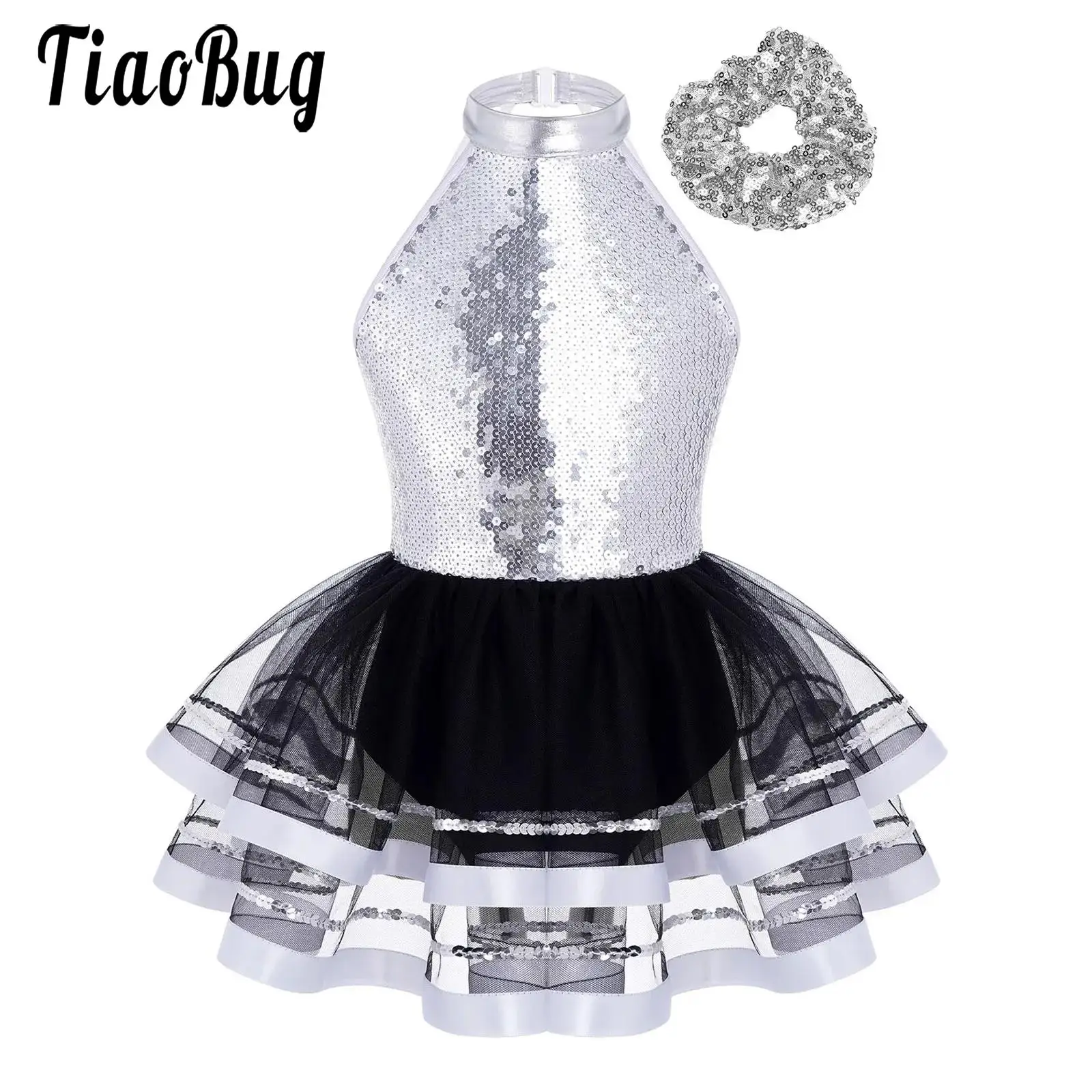 Kids Girls Sequined Dance Tutu Dress Jazz Ballroom Modern Dance Dress with Hair Tie Shiny Ballet Ballerina Performance Costumes